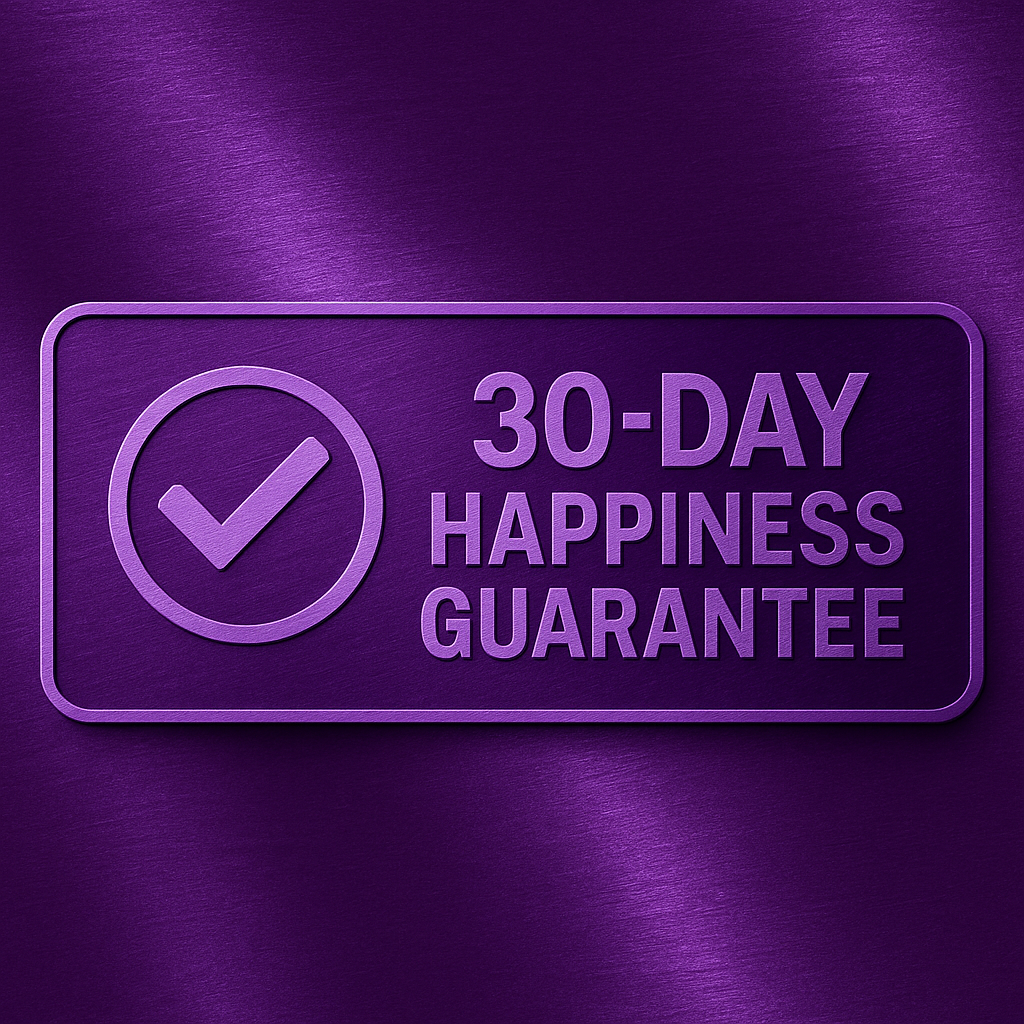 30-Day Happiness Guarantee badge from PopDragon Art – secure shopping and returns promise
